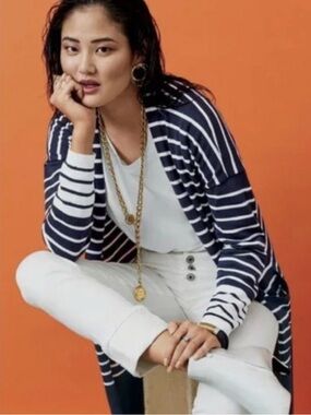 NWT CAbi Women's Navy and White Striped Boathouse Cardigan